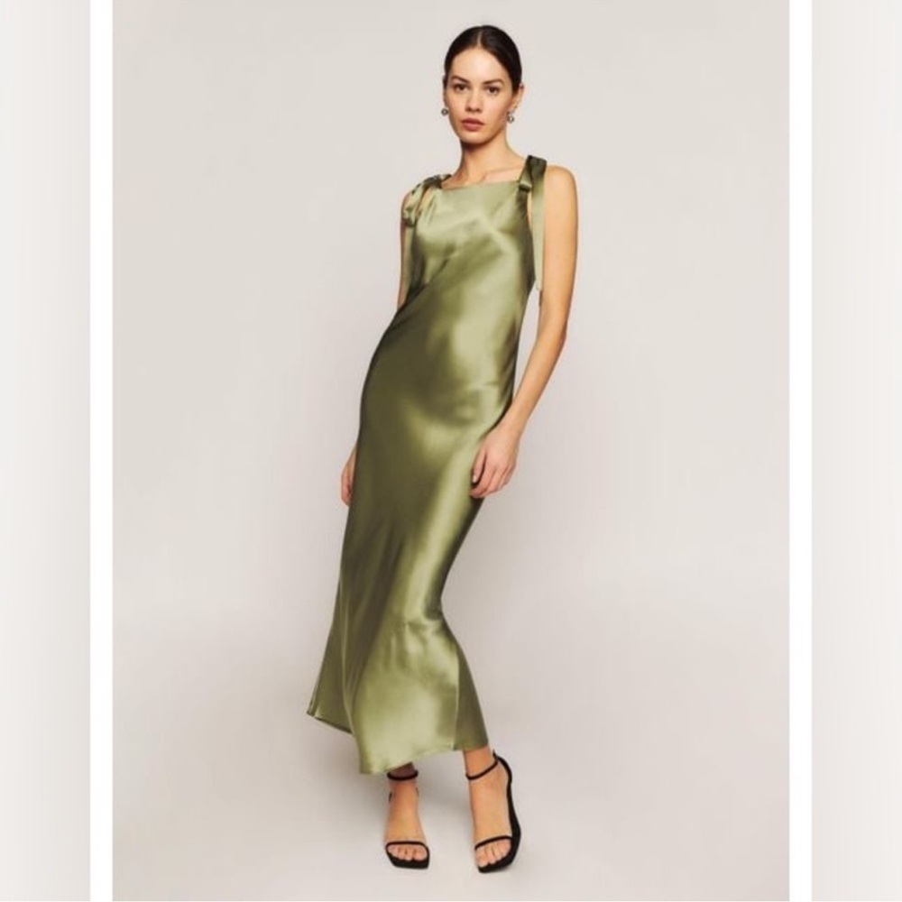 Reformation Aden Silk Maxi Dress in Artichoke Green